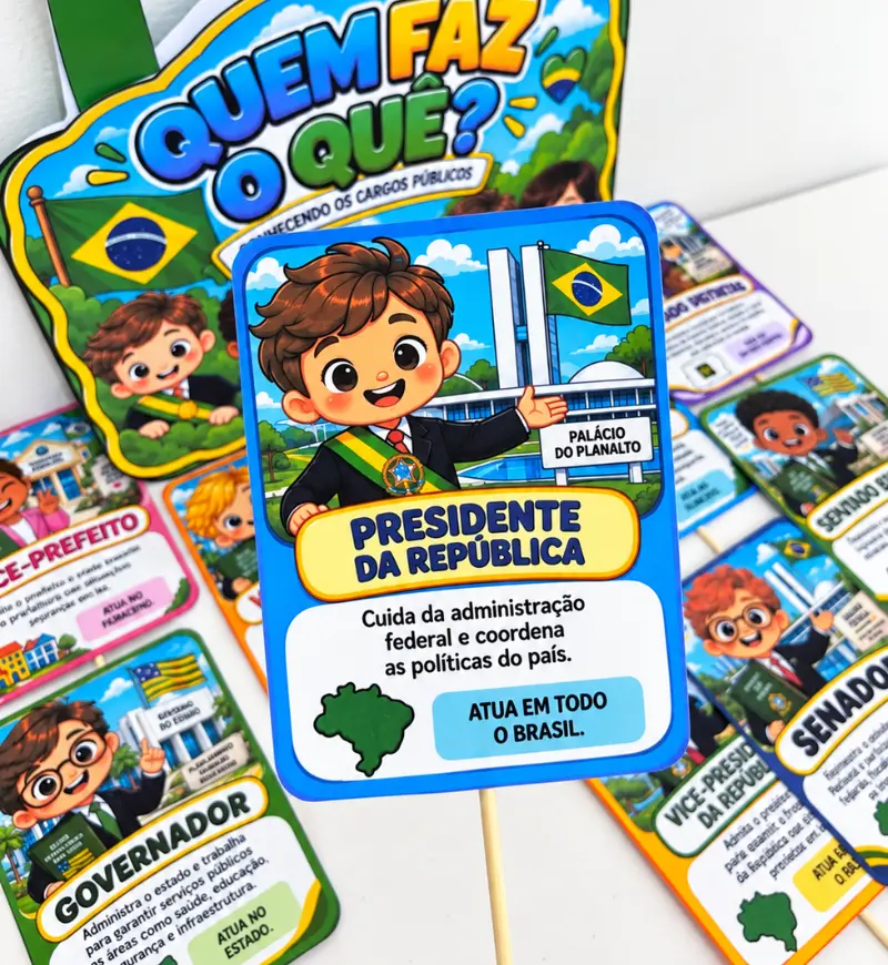 Sacola Que Faz o Quê? Eleições PDF Pré Escola e 1° ao 5° Ano — amostra 2: Apresente as diferenças entre os cargos públicos,…