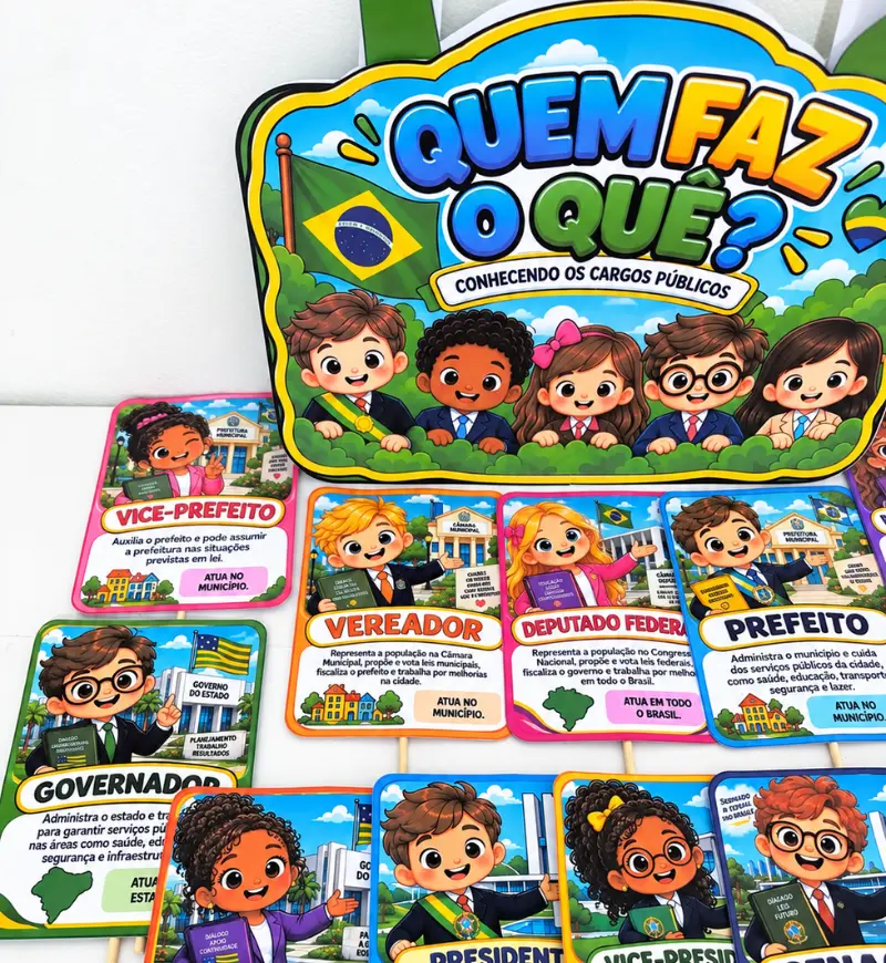 Sacola Que Faz o Quê? Eleições PDF Pré Escola e 1° ao 5° Ano — amostra 4: Apresente as diferenças entre os cargos públicos,…
