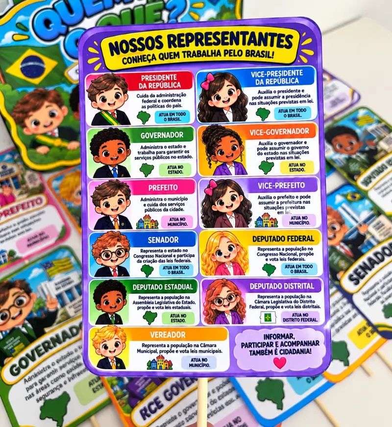 Sacola Que Faz o Quê? Eleições PDF Pré Escola e 1° ao 5° Ano — amostra 5: Apresente as diferenças entre os cargos públicos,…