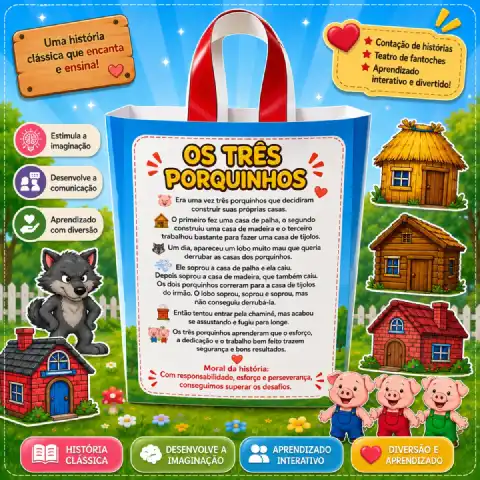 Sacola Teatral os Três Porquinhos | Educação Infantil e Anos Iniciais — amostra 1: O que vem no material