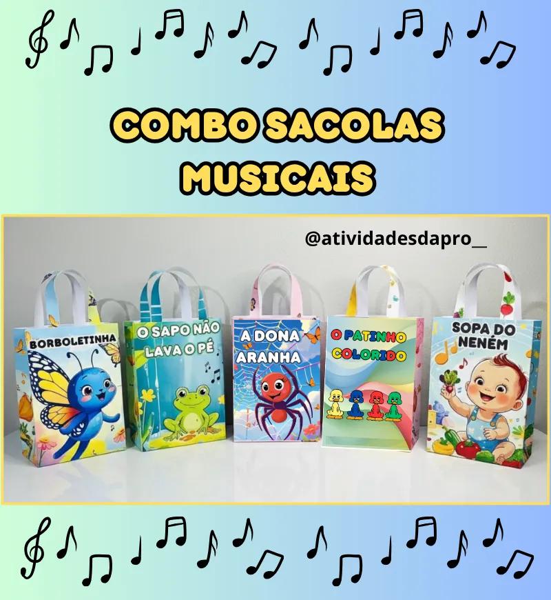Sacolas musicais: combo com 5 kits em PDF para imprimir — Alfabetização para Educação Infantil: Leve cantigas às rodas de…
