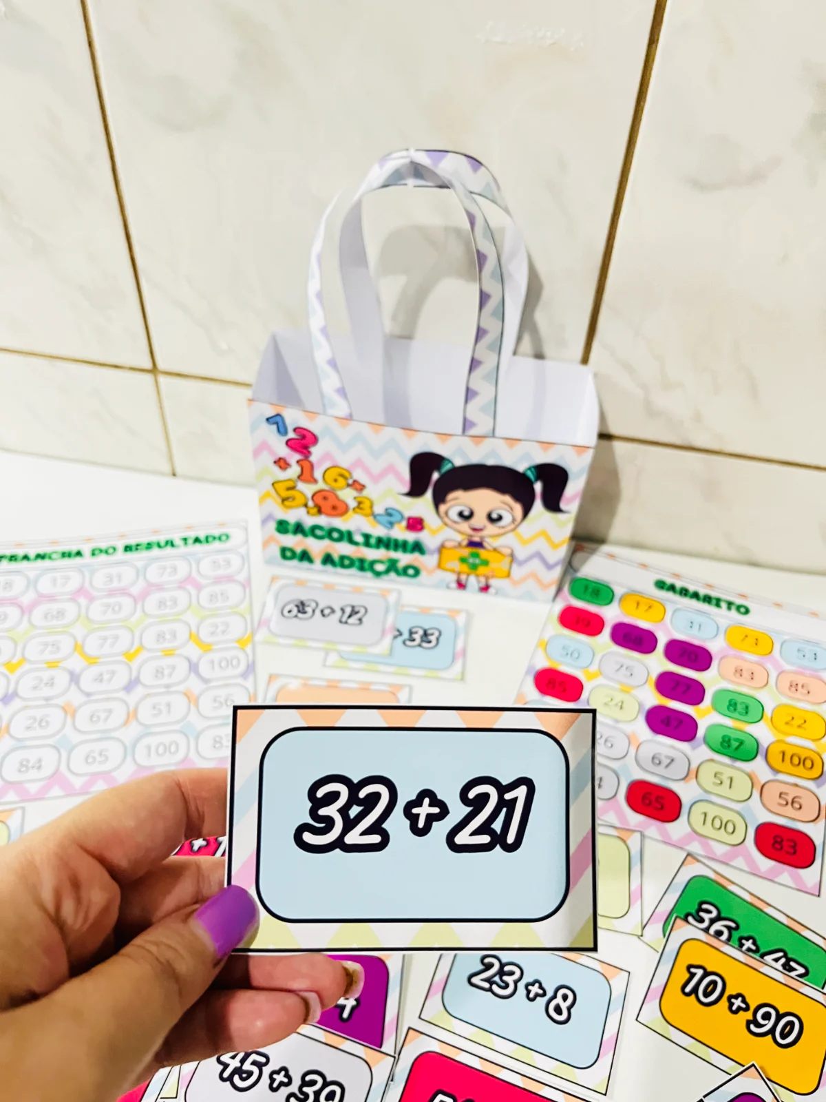 Sacolinha da Adição Divertida – 30 Cards para Trabalhar Adição — amostra 3: Recurso lúdico com 30 cards de adição e prancha…