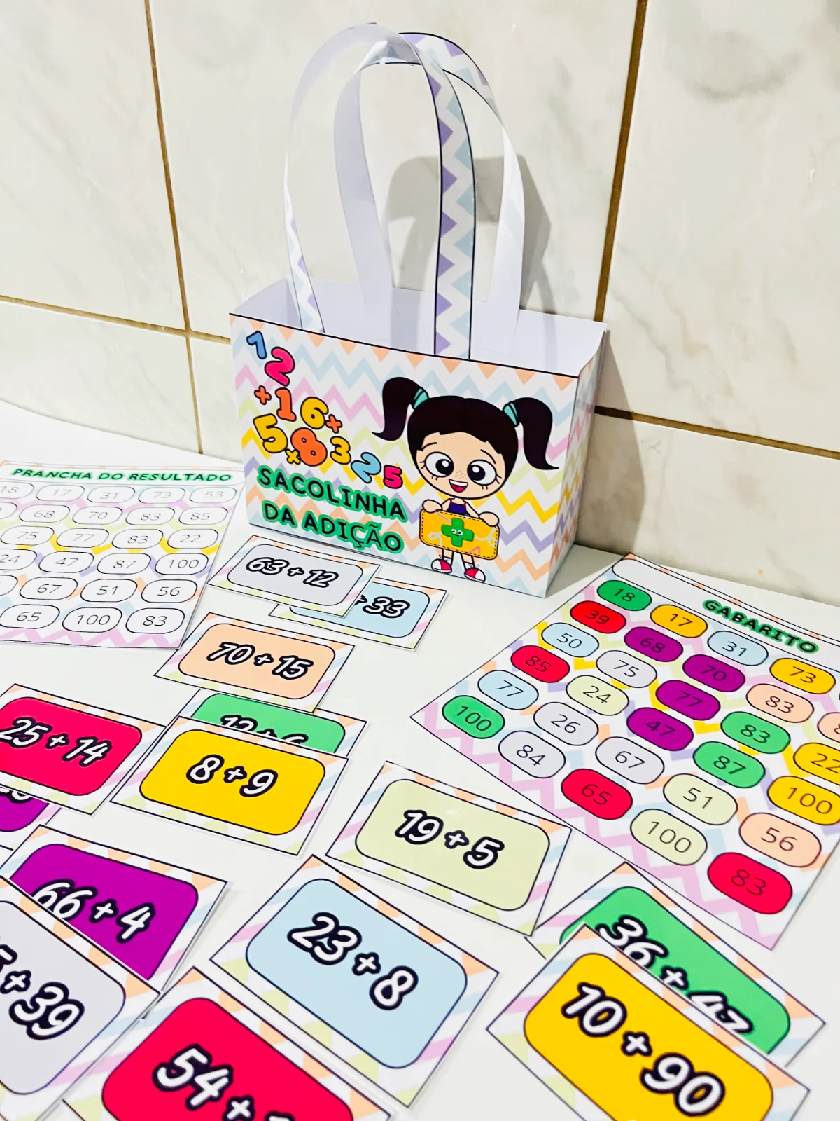 Sacolinha da Adição Divertida – 30 Cards para Trabalhar Adição — amostra 5: Recurso lúdico com 30 cards de adição e prancha…