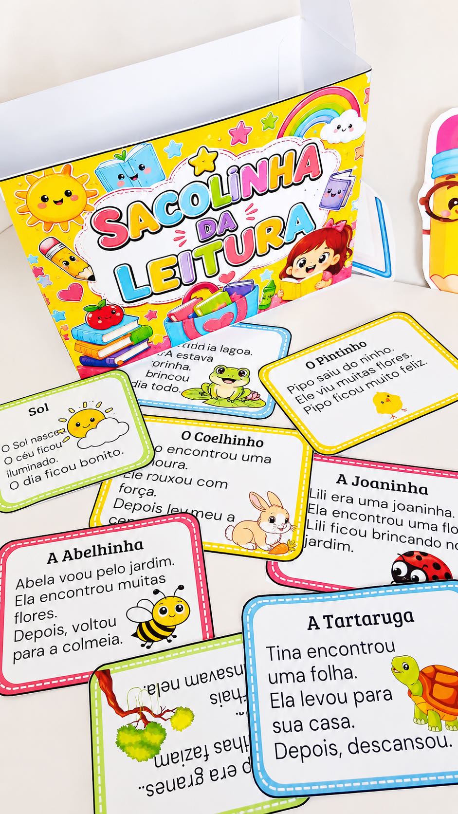 Sacolinha da Leitura com 19 Fichas de Textos e Interpretação — amostra 1: Recurso pedagógico com 19 fichas de leitura…