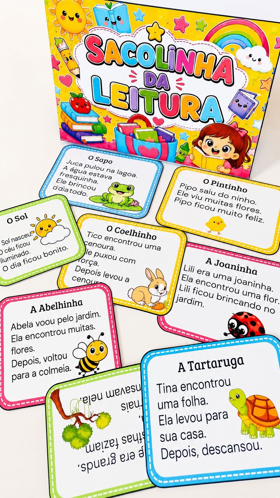 Sacolinha da Leitura com 19 Fichas de Textos e Interpretação — amostra 4: Recurso pedagógico com 19 fichas de leitura…