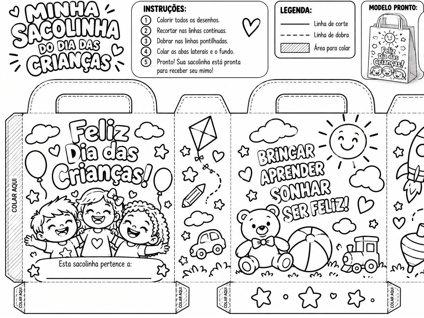 Sacolinha do Dia das Crianças para Colorir e Montar — amostra 1: Sacolinha do Dia das Crianças para colorir, recortar,…