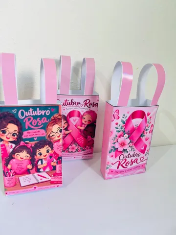 Sacolinha Outubro Rosa – 3 Modelos para Lembrancinhas — amostra 5: O material traz 3 modelos diferentes de sacolinhas…