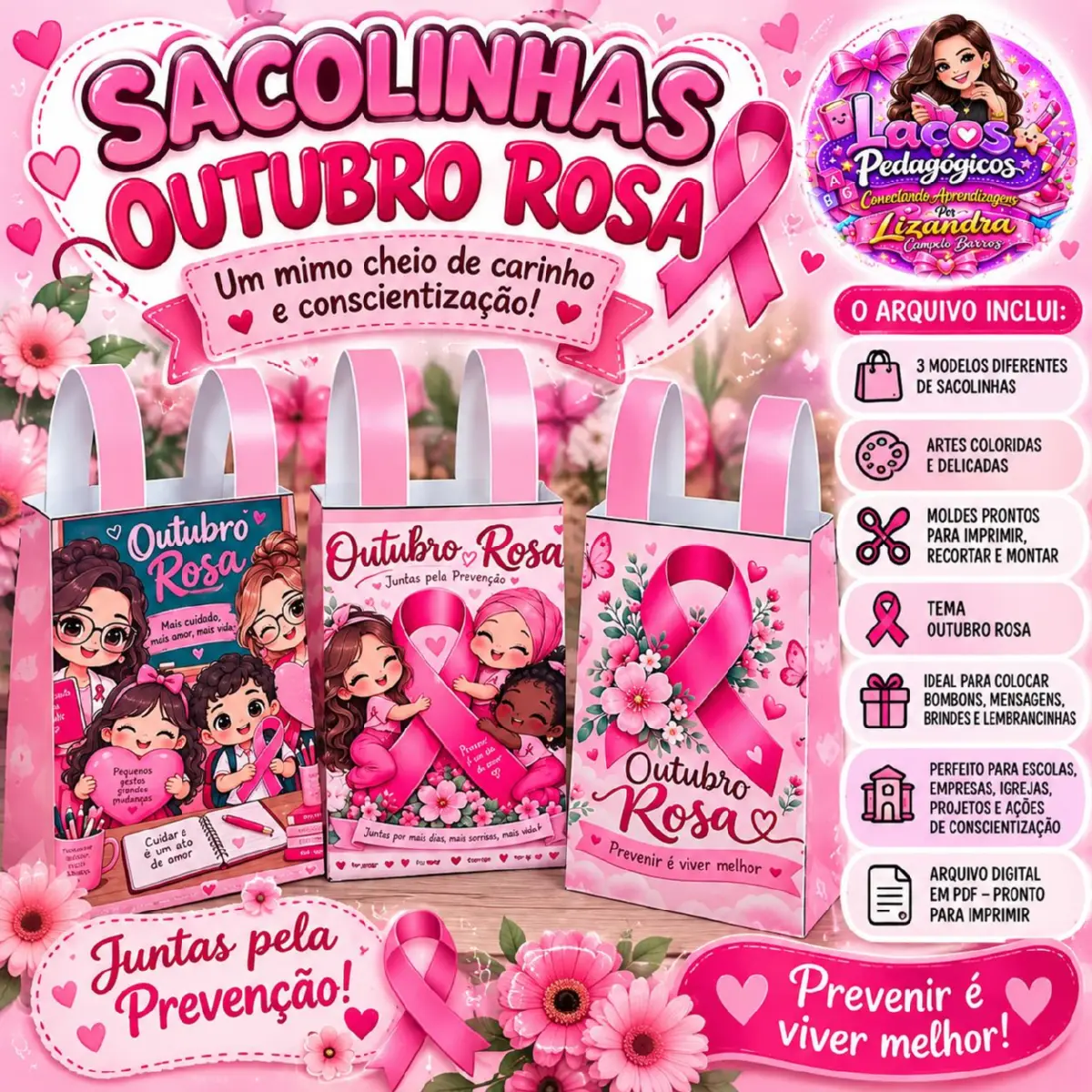 Sacolinha Outubro Rosa – 3 Modelos para Lembrancinhas — Datas comemorativas para Todas as séries: O material traz 3 modelos…