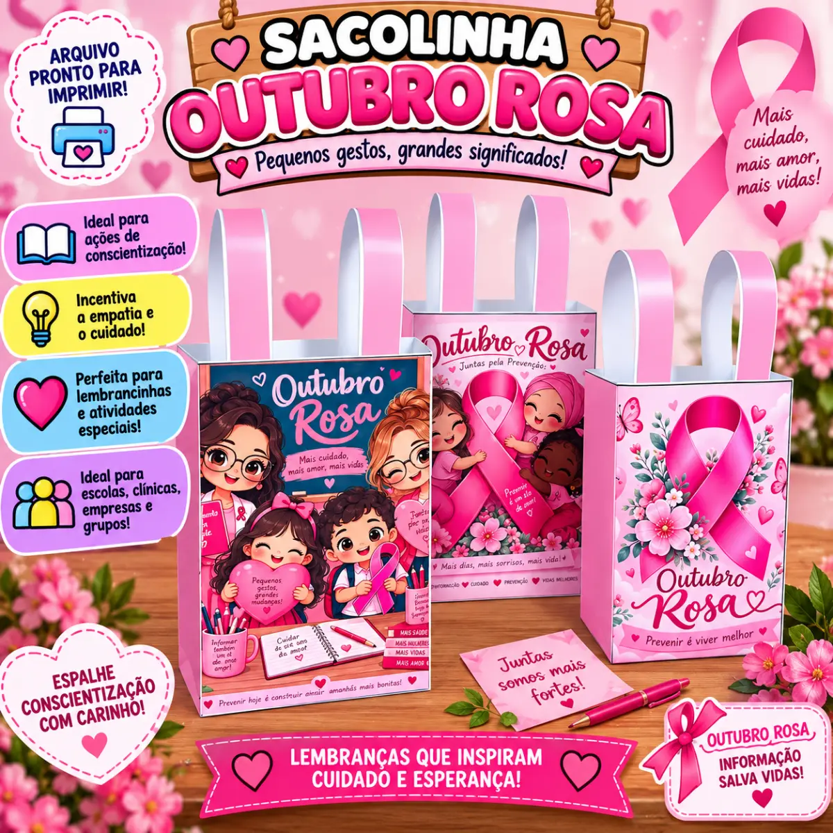 Sacolinha Outubro Rosa – Uma Lembrancinha Cheia de Amor — Atividades para 3º ano: Sacolinha Outubro Rosa para montar lindas…