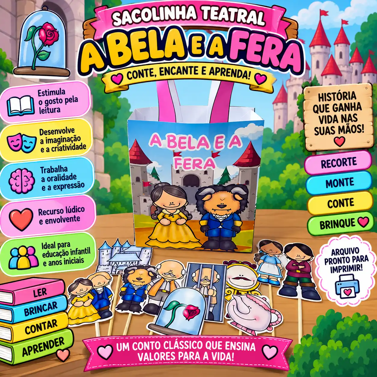 🎭✨ SACOLINHA TEATRAL A BELA E A FERA – UM CONTO QUE GANHA VIDA! ✨🏰 — capa do material