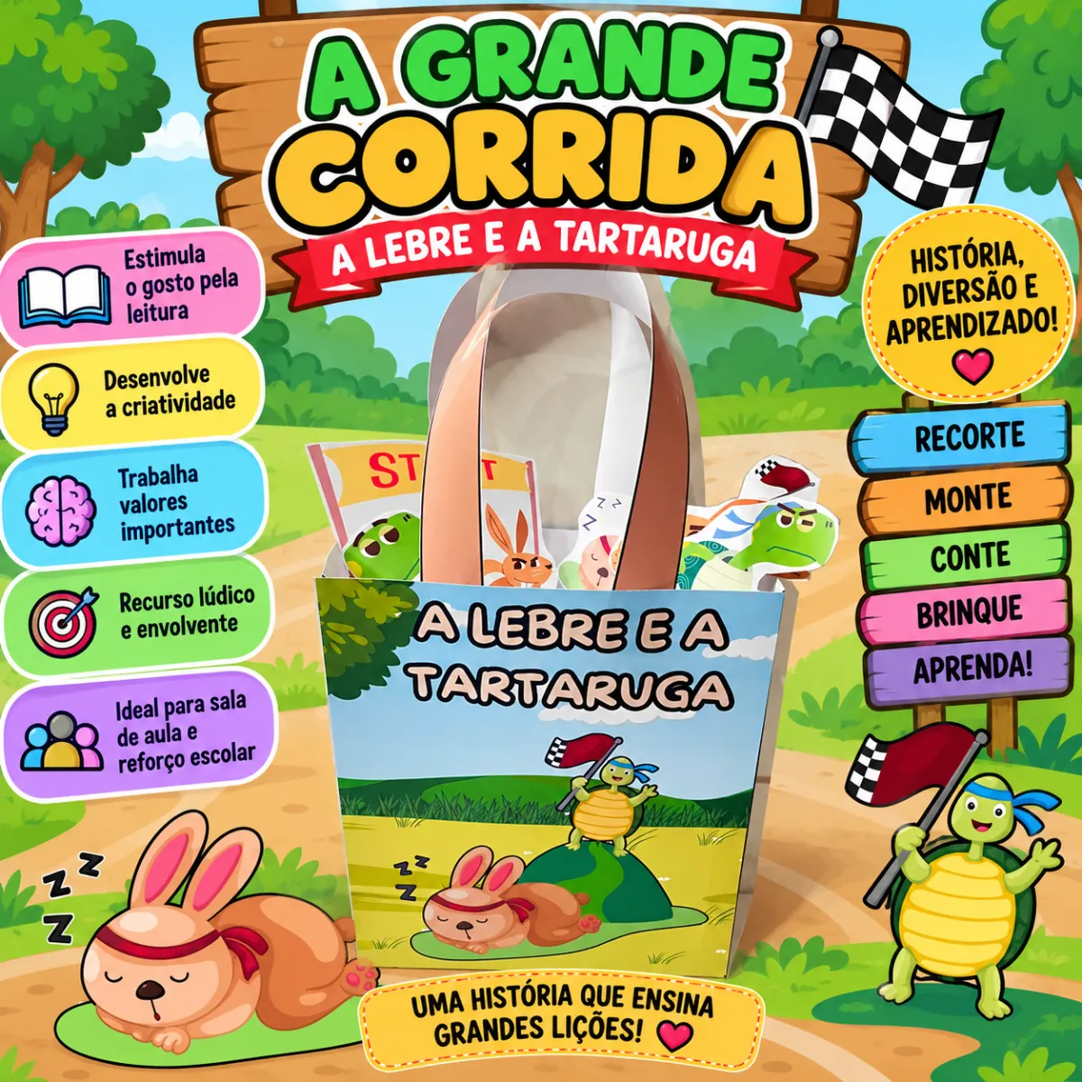 Sacolinha Teatral – A Lebre e a Tartaruga — Atividades para 1º ano: Sacolinha Teatral com fantoches de A Lebre e a…