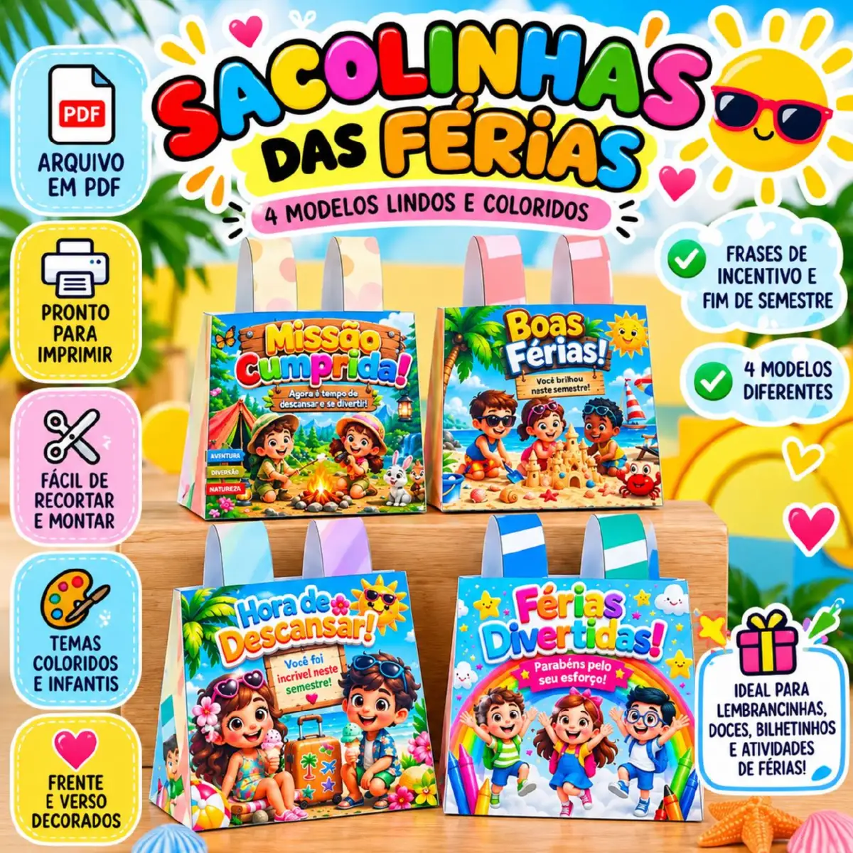 Sacolinhas das Férias – 4 Modelos de Lembrancinhas — Alfabetização para Educação Infantil: Kit digital com 4 modelos de…