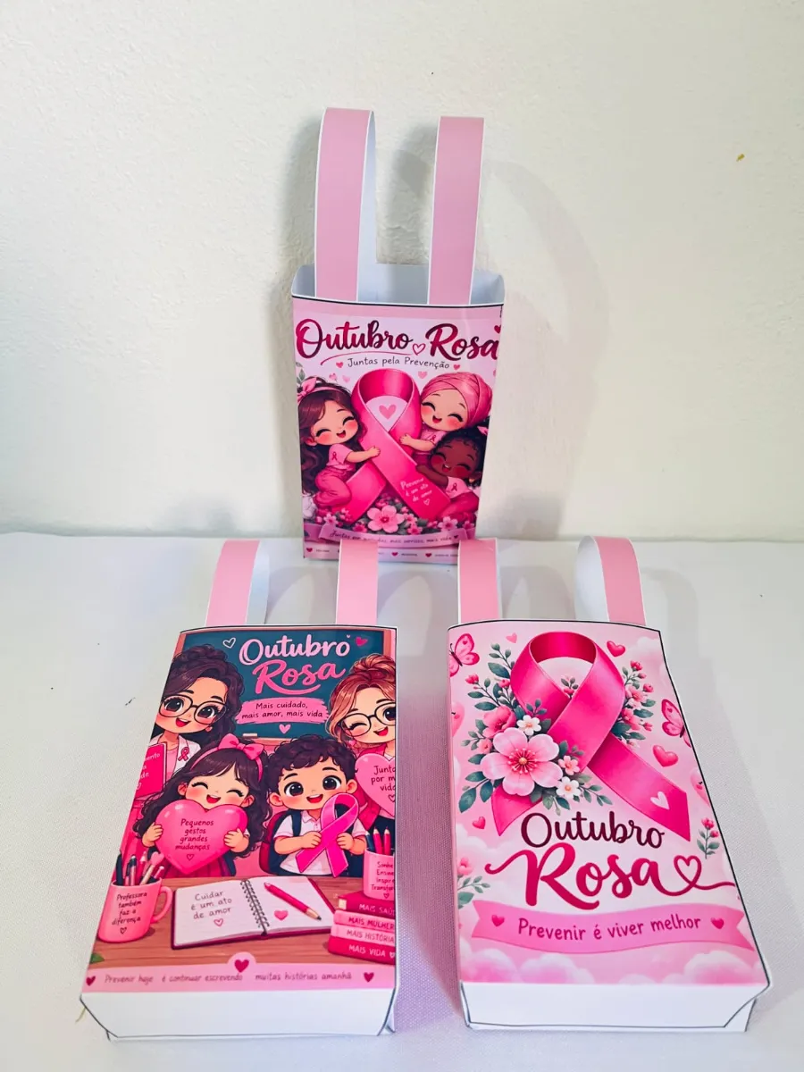 Sacolinhas Outubro Rosa Moldes PDF — amostra 2: Moldes de Sacolinhas Outubro Rosa em PDF para imprimir (3 modelos), ideais…