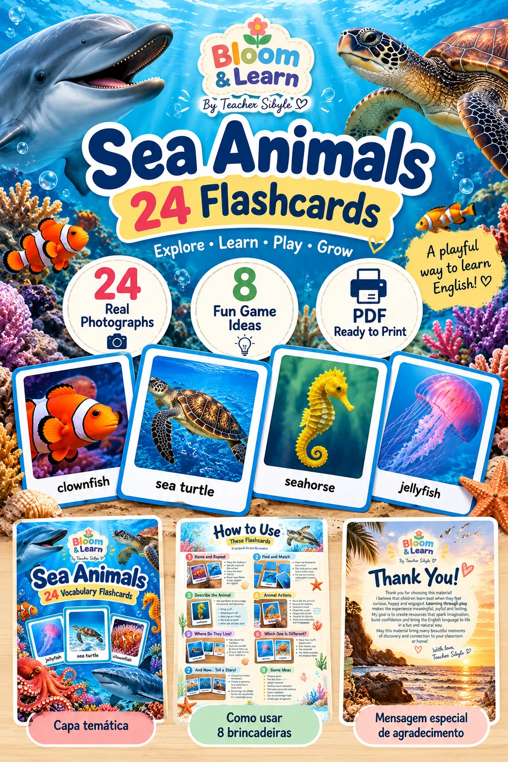 Sea Animals – 24 Flashcards de Animais Marinhos em Inglês — amostra 2: 🐠 O que você recebe?