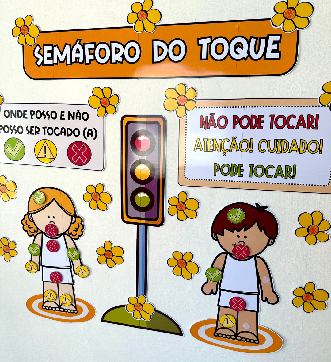 Semáforo do Toque Interativo: Painel em PDF para Imprimir — amostra 1: Semáforo do Toque: proteção e limites do corpo em sala
