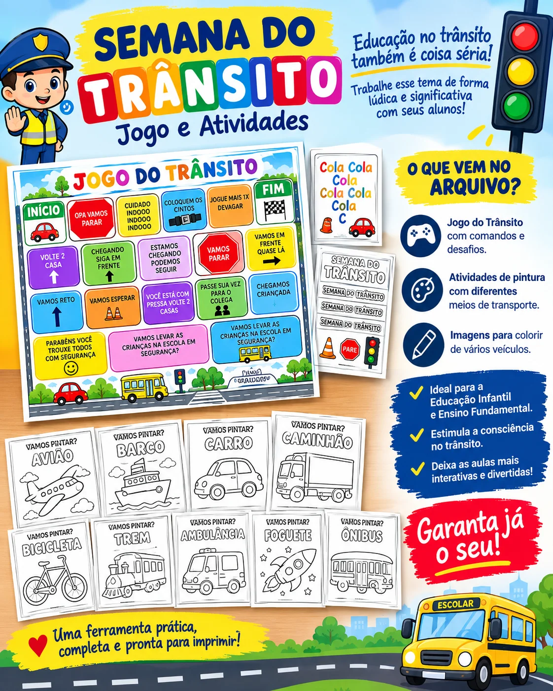 Semana do Trânsito: kit completo com painel, jogos, atividades — amostra 2: Material para trabalhar a Semana do Trânsito…