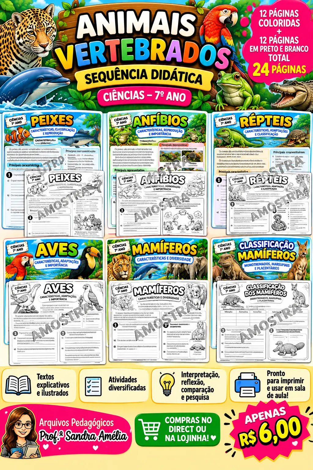 📚🐠🦎🦜 SEQUÊNCIA DIDÁTICA – ANIMAIS VERTEBRADOS 🐸🐬🦁 — Ciências para Fundamental II (6º–9º): Componente curricular:…