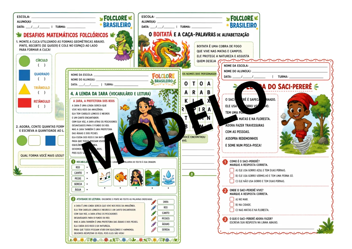 Sequência Didática Folclore Brasileiro: PDF com Atividades de alfabetização - português e matemática - colorido e preto e…