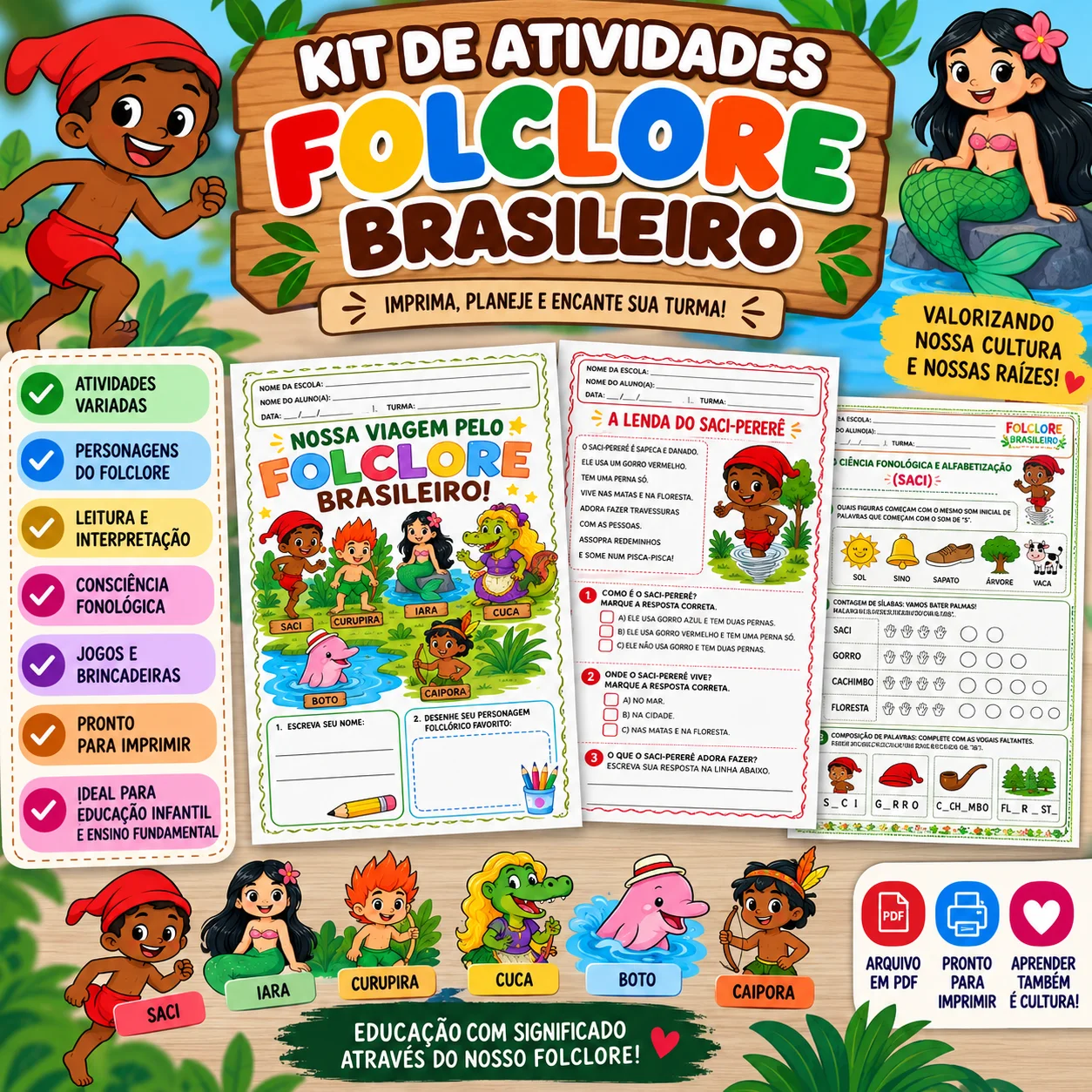 Sequência Didática Folclore Brasileiro: PDF com Atividades de alfabetização - português e matemática - colorido e preto e branco — capa do material