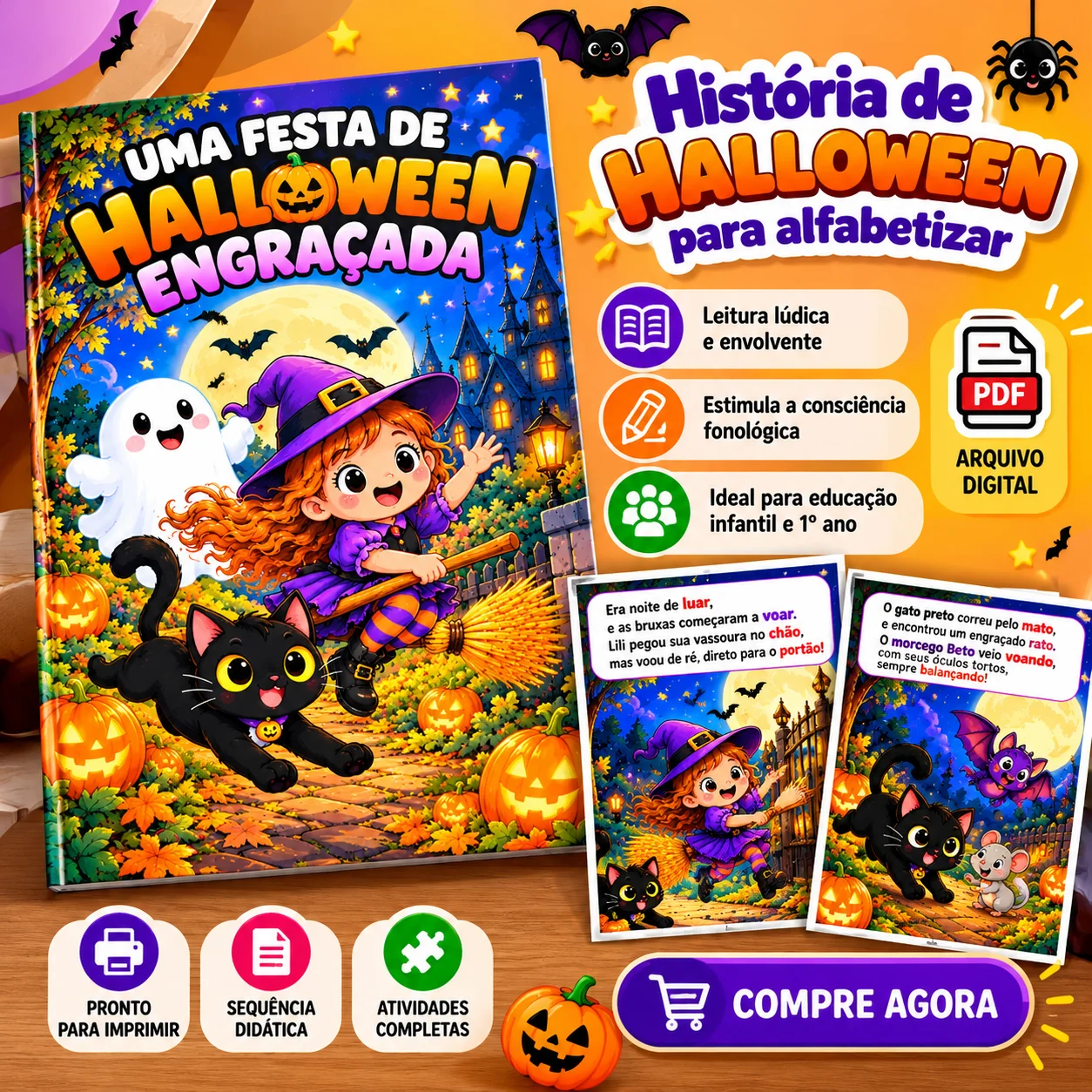 Sequência Didática Halloween-História e Atividades para Alfabetização — amostra 3: História infantil com temática de…