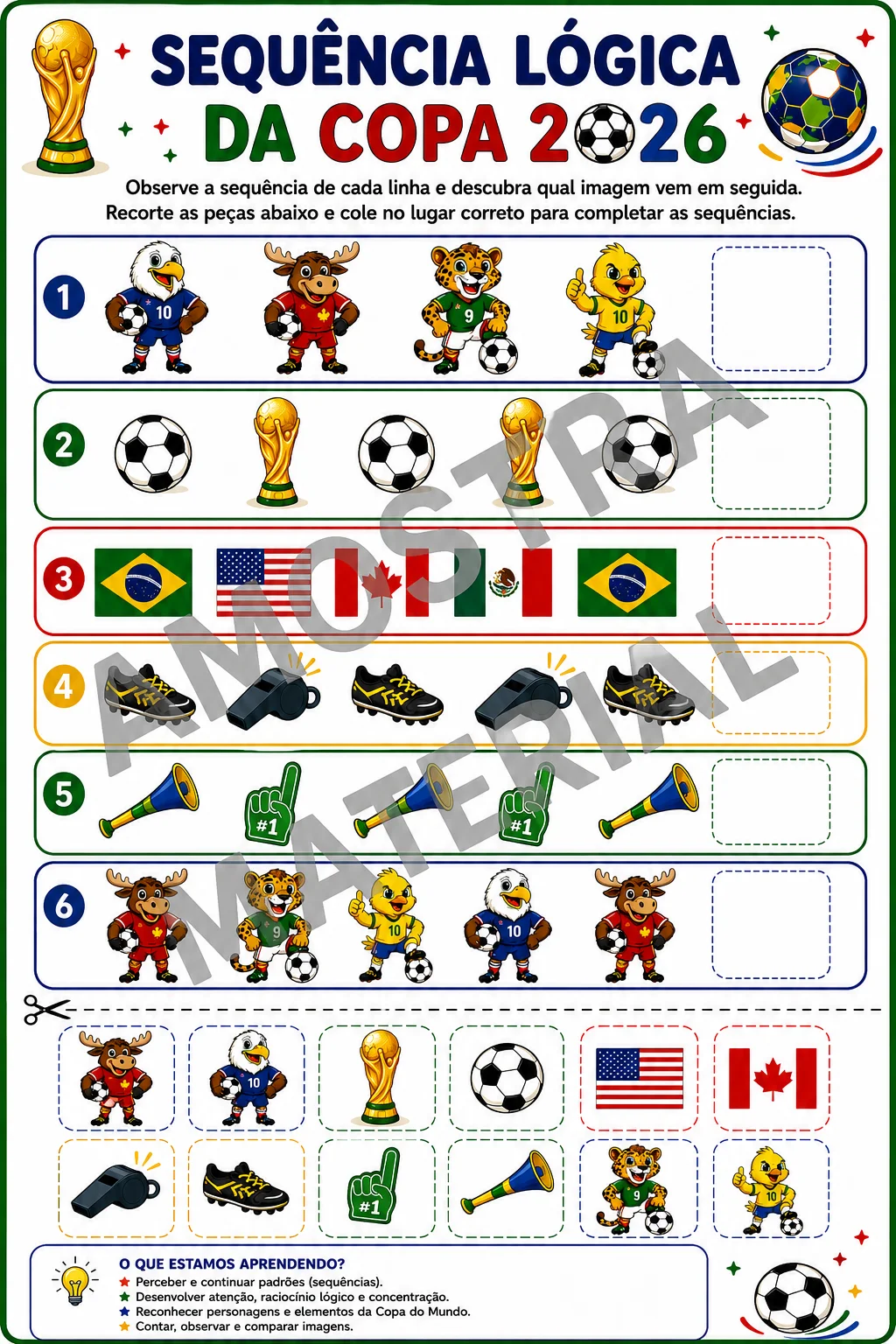 Sequência Lógica da Copa 2026 ⚽ | Raciocínio Lógico e Atenção — amostra 1: Atividade lúdica de sequência lógica inspirada…
