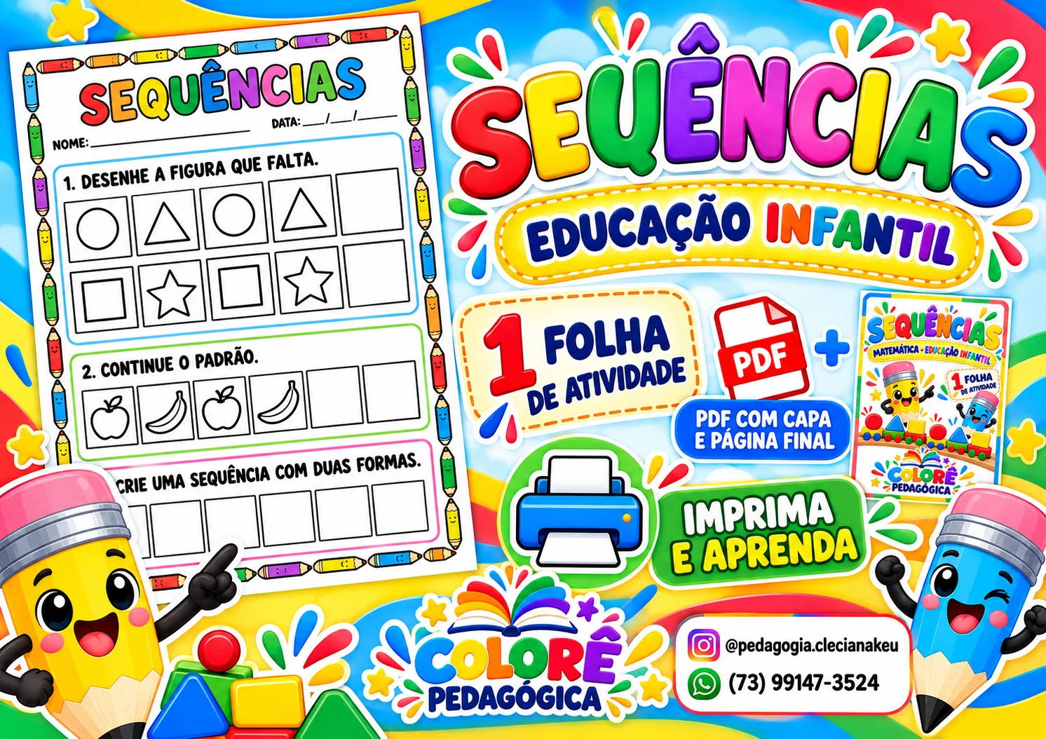 Sequências — Atividade de Matemática para Educação Infantil | PDF A4 — amostra 1: O PDF contém 3 páginas A4: capa, uma…
