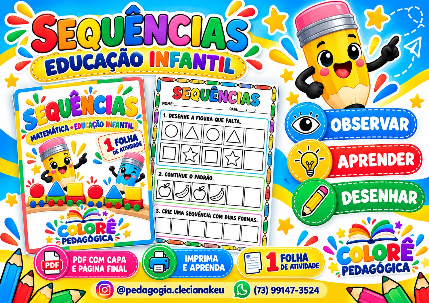 Sequências — Atividade de Matemática para Educação Infantil | PDF A4 — amostra 2: Uma atividade para observar padrões,…