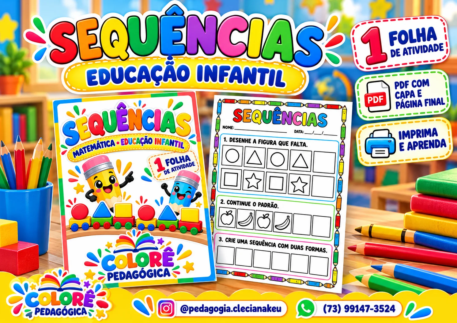 Sequências — Atividade de Matemática para Educação Infantil | PDF A4 — amostra 3: Uma atividade para observar padrões,…