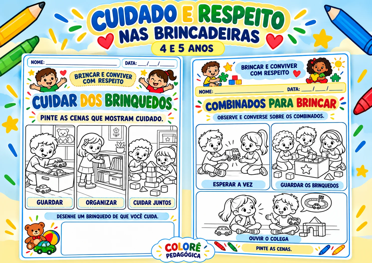 Série Brincar e Conviver com Respeito — 5 Atividades Educação Infantil — amostra 3: Cinco atividades ilustradas para…