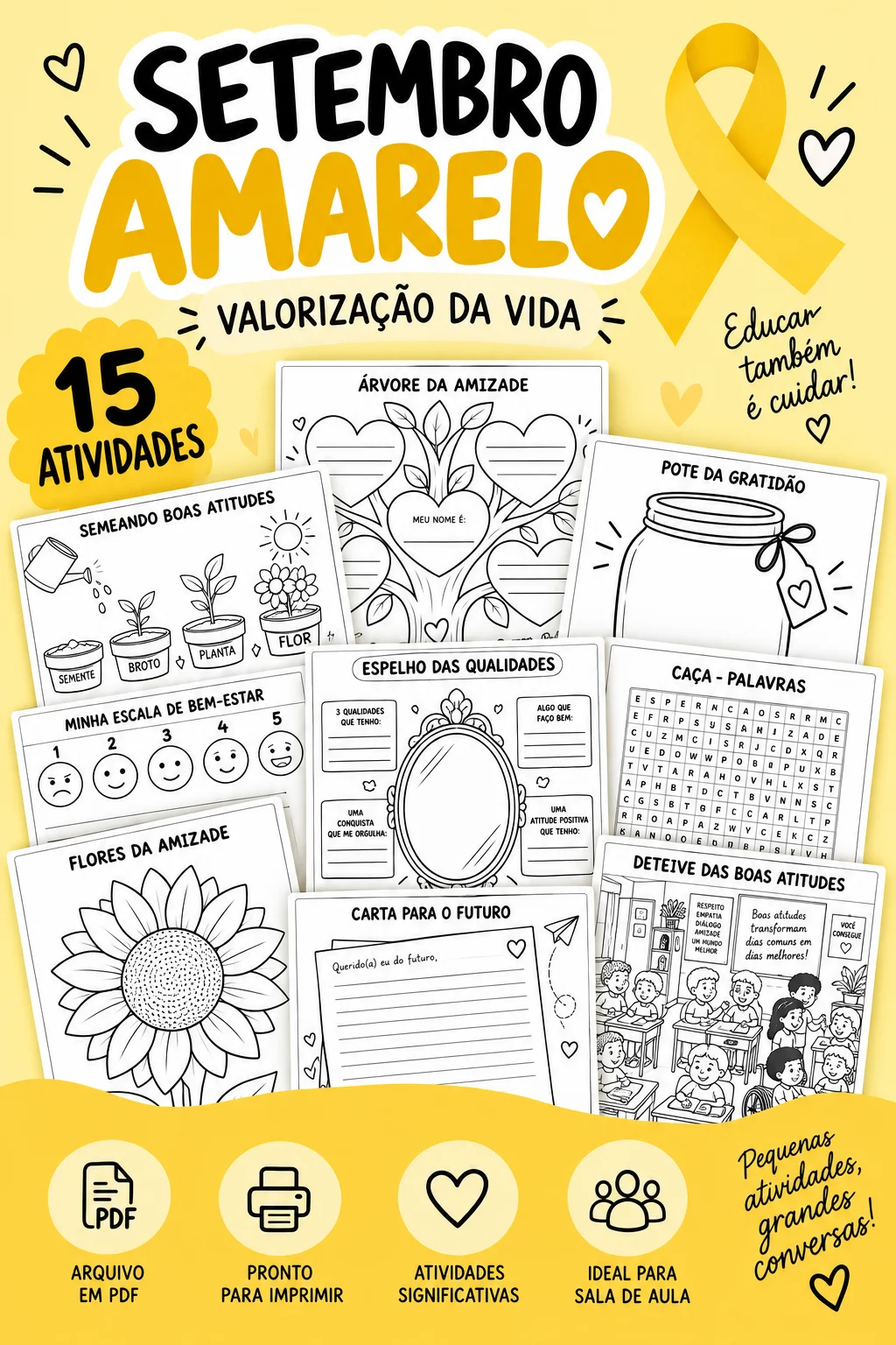 Setembro amarelo: 15 Atividades sobre amizade, bem estar e cuidados. — capa do material