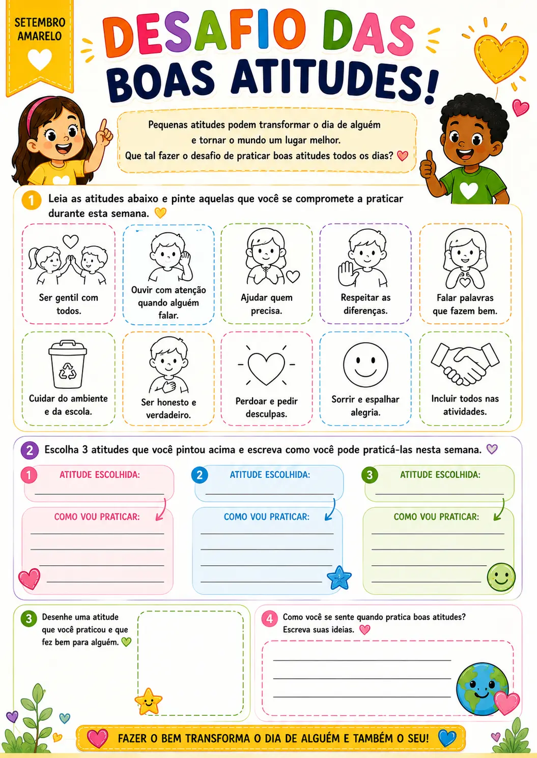 Setembro Amarelo: Atividades 3º ao 5º Ano — amostra 1: Kit com 12 atividades coloridas sobre sentimentos, empatia,…