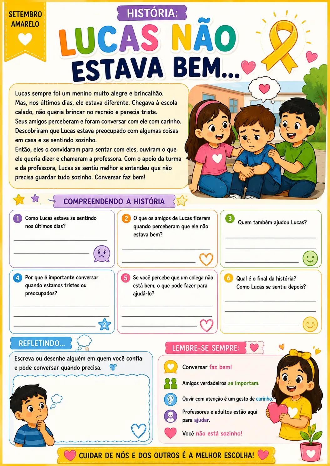 Setembro Amarelo: Atividades 3º ao 5º Ano — amostra 3: Kit com 12 atividades coloridas sobre sentimentos, empatia,…