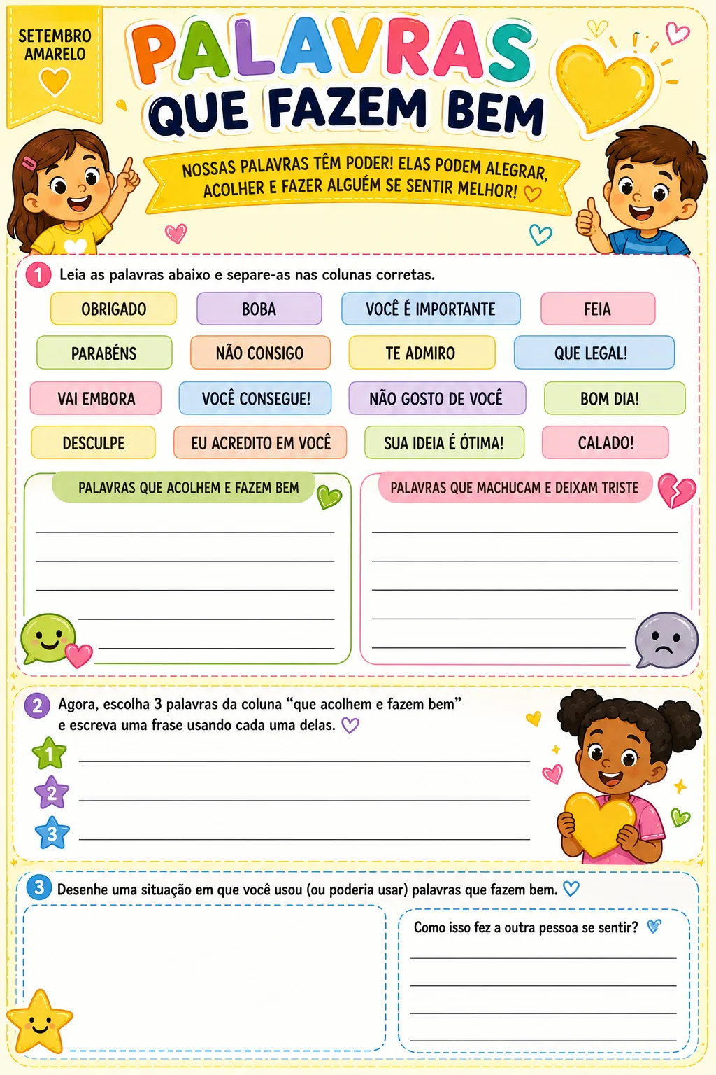 Setembro Amarelo: Atividades 3º ao 5º Ano — amostra 5: Kit com 12 atividades coloridas sobre sentimentos, empatia,…