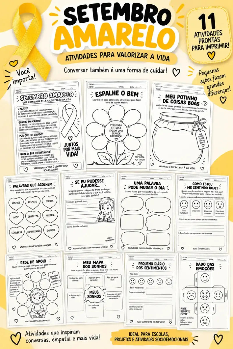 Setembro Amarelo: Kit com 11 Atividades para Valorizar a Vida — Alfabetização para Educação Infantil: Um kit com 11…
