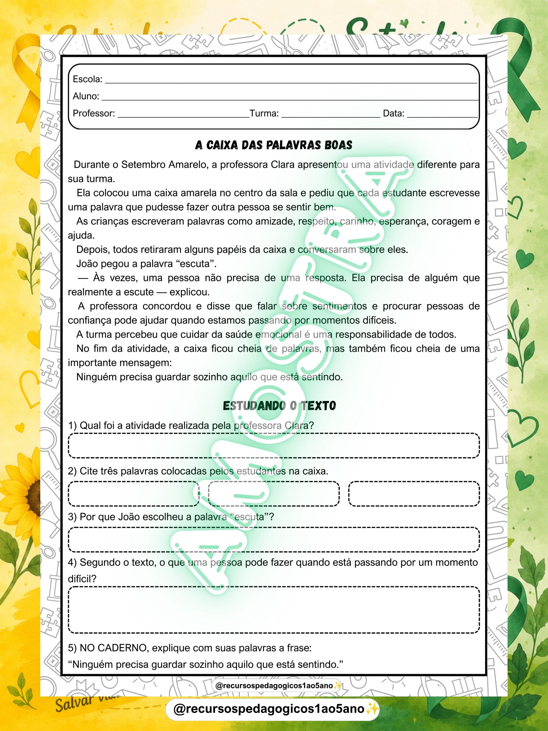 Setembro Amarelo – Texto, interpretação, dinâmicas, caixa motivacional e painéis — amostra 3: Formato e entrega