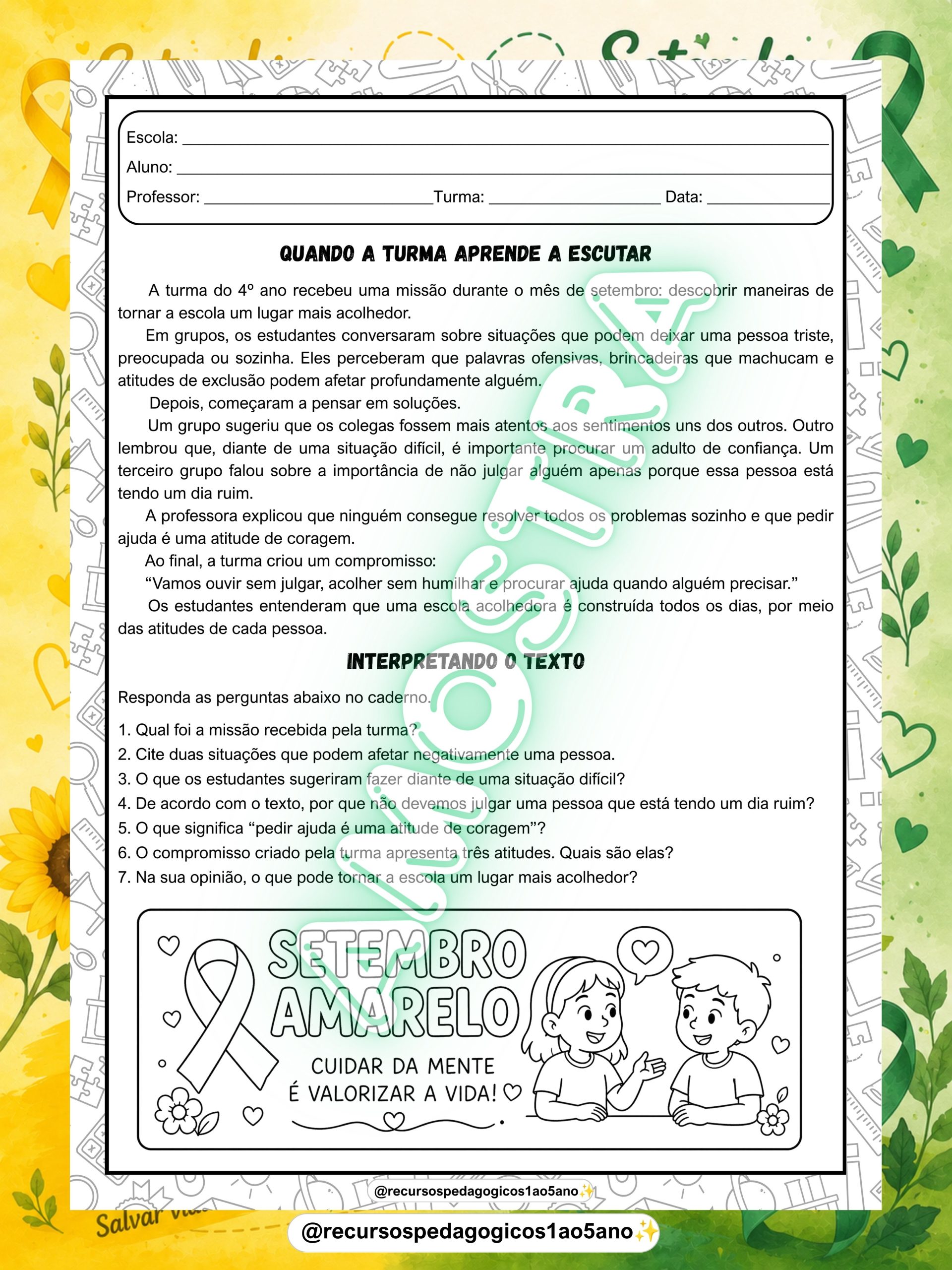 Setembro Amarelo – Texto, interpretação, dinâmicas, caixa motivacional e painéis — amostra 5: Setembro Amarelo – Texto,…