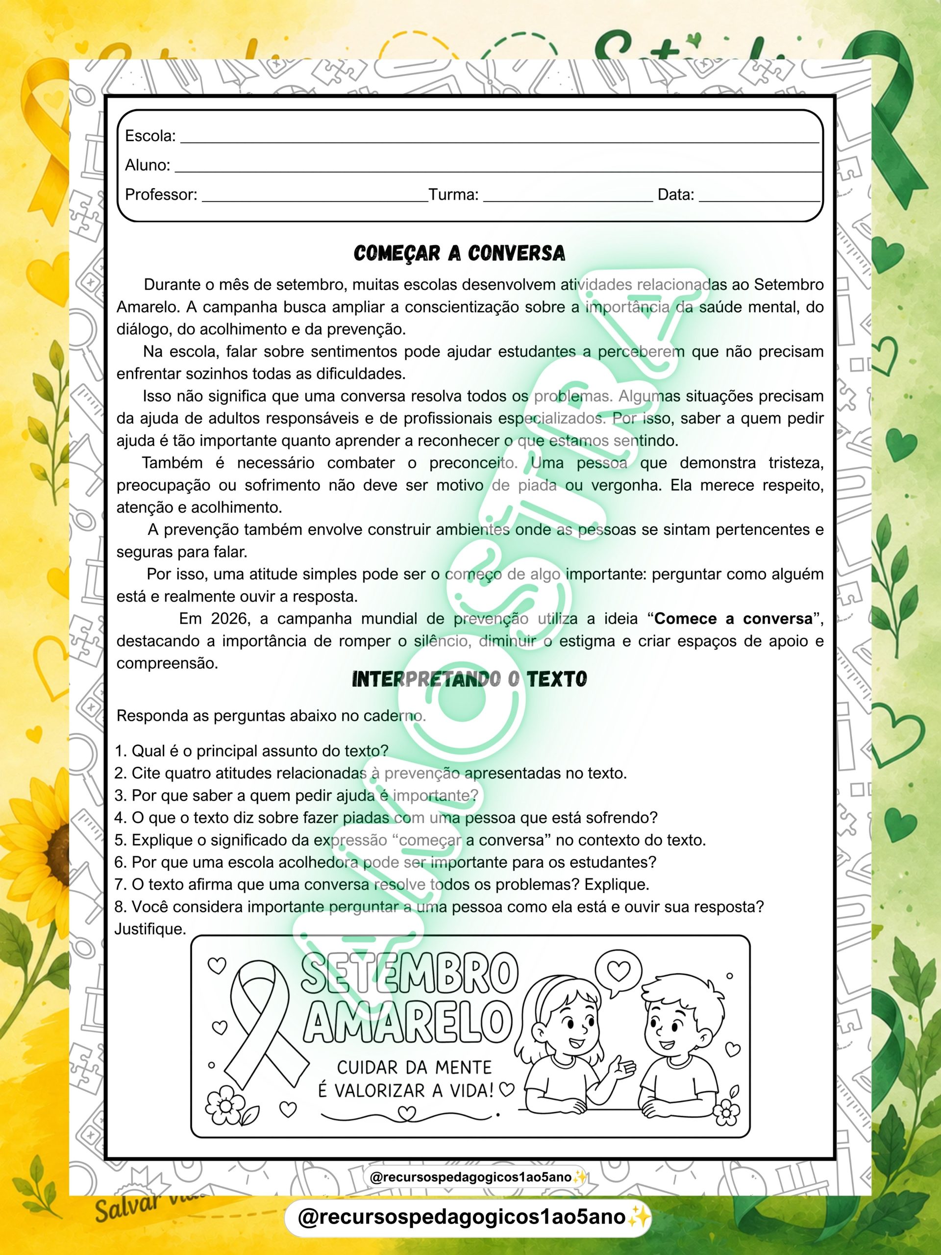 Setembro Amarelo – Texto, interpretação, dinâmicas, caixa motivacional e painéis — amostra 6: Setembro Amarelo – Texto,…