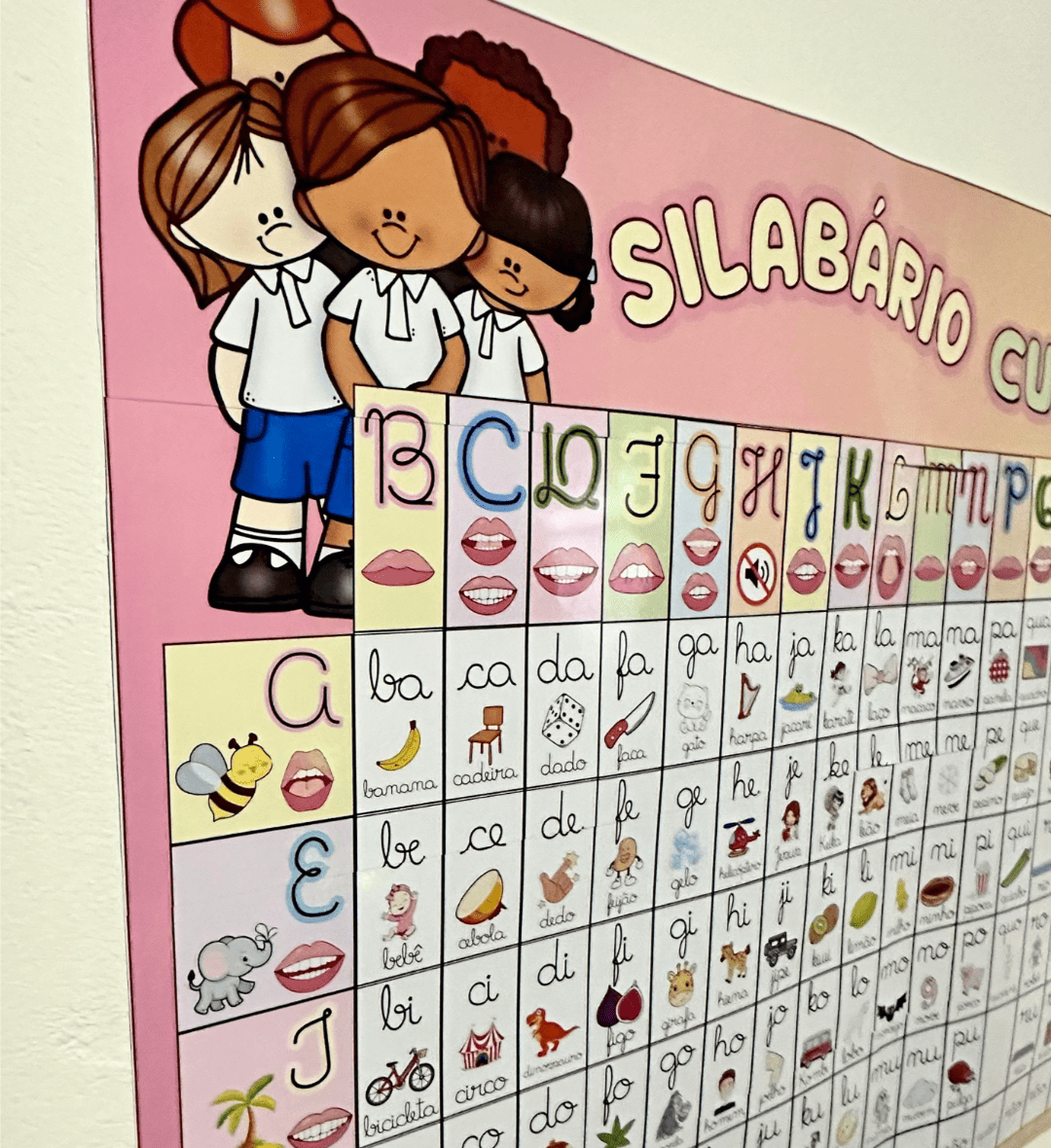 Silabário cursivo para imprimir em A4 e cartaz de parede — amostra 1: Silabário cursivo: apoio visual para a alfabetização