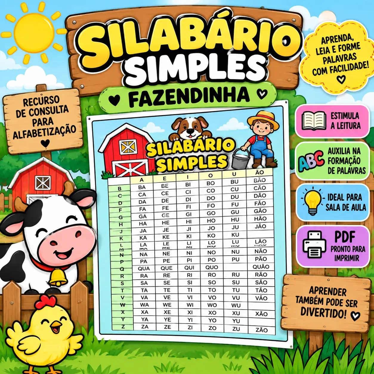 Silabário Simples Fazendinha – Recurso de Alfabetização para Imprimir — capa do material