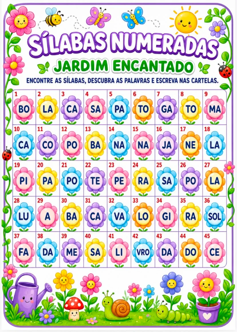 SÍLABAS NUMERADAS — amostra 1: 🌸✨ SÍLABAS NUMERADAS – JARDIM ENCANTADO ✨🌸 Transforme a alfabetização em uma experiência…