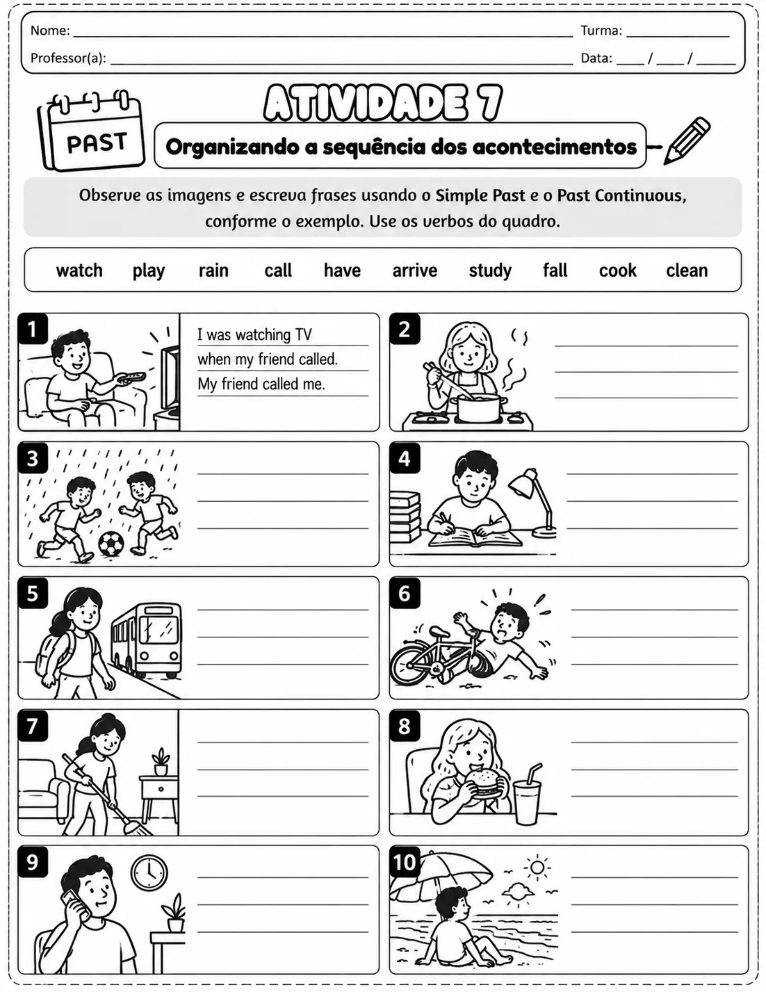 Simple Past e Past Continuous – Atividades 7º Ano | EF07LI18 — amostra 6: Atividades de Inglês para o 7º ano sobre Simple…
