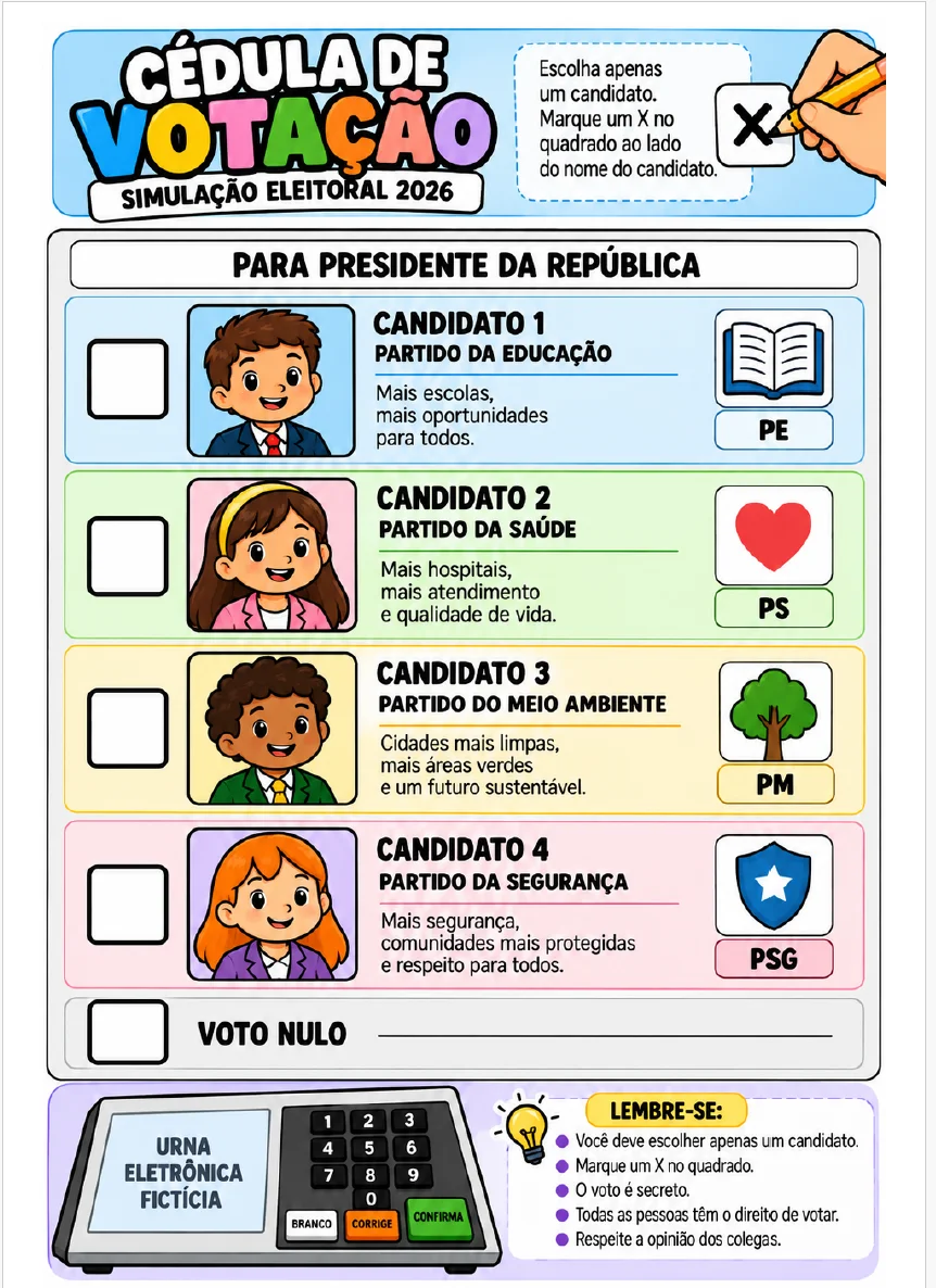 SIMULAÇÃO ELEITORAL 2026 - ANOS INICIAIS — amostra 3: Com a Simulação Eleitoral 2026 , seus alunos investigam, argumentam,…