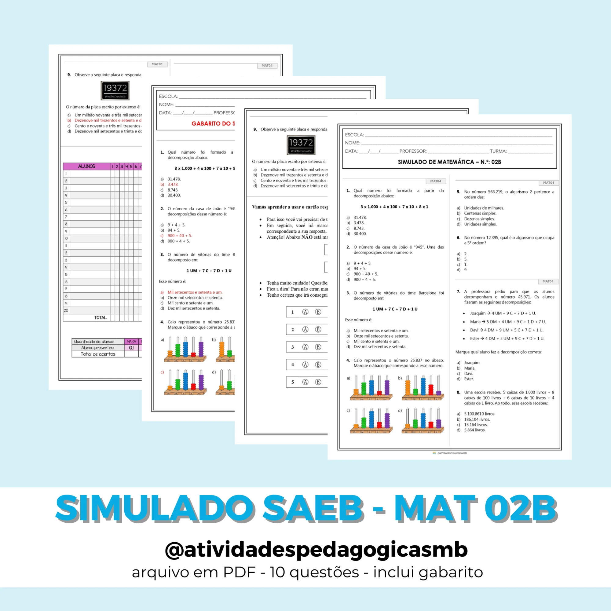 Simulado SAEB de Matemática 5º Ano - 2B (PDF) — capa do material