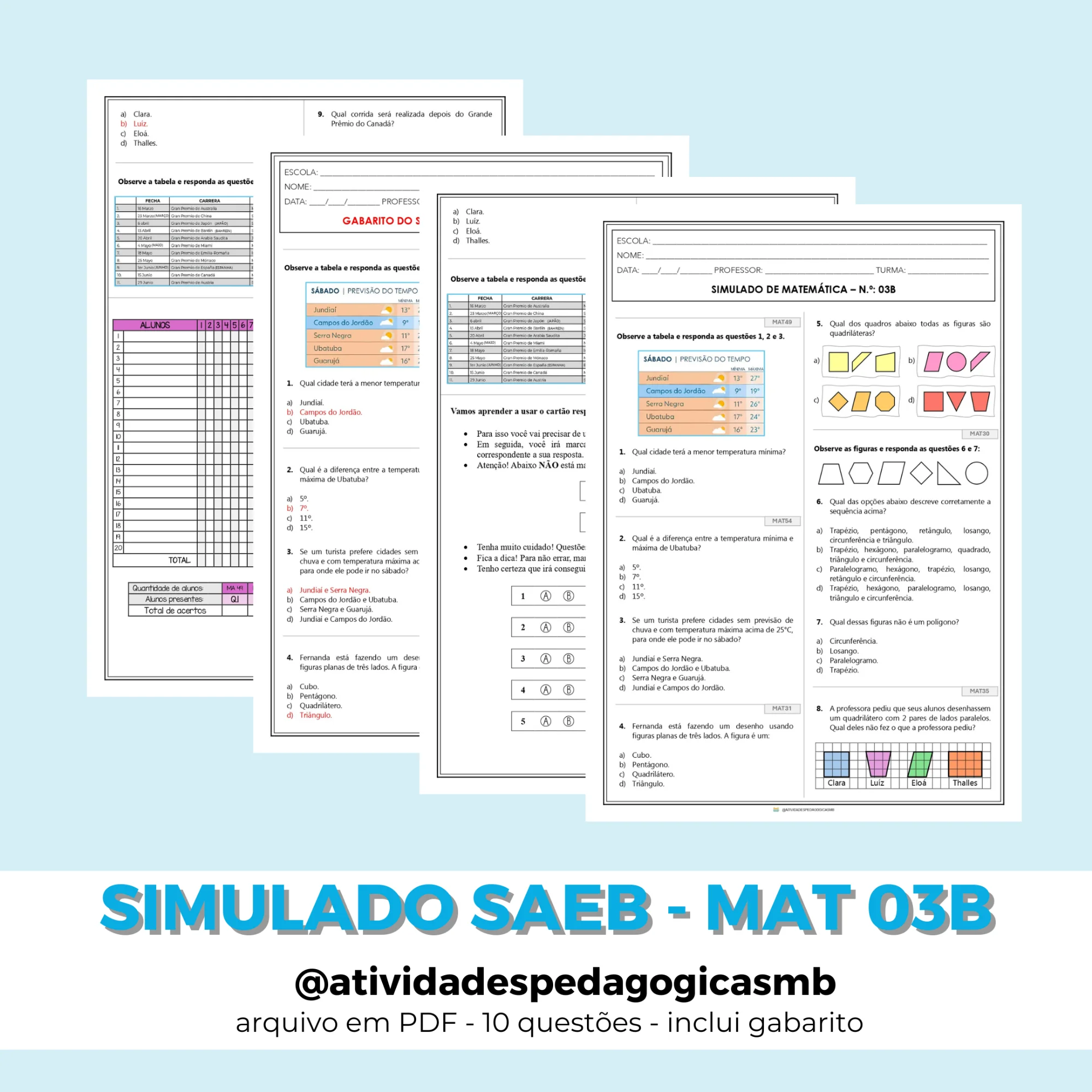 Simulado SAEB de Matemática 5º Ano - 3B (PDF) — Matemática para 5º ano: Simulado de Matemática para o 5º ano com 10…