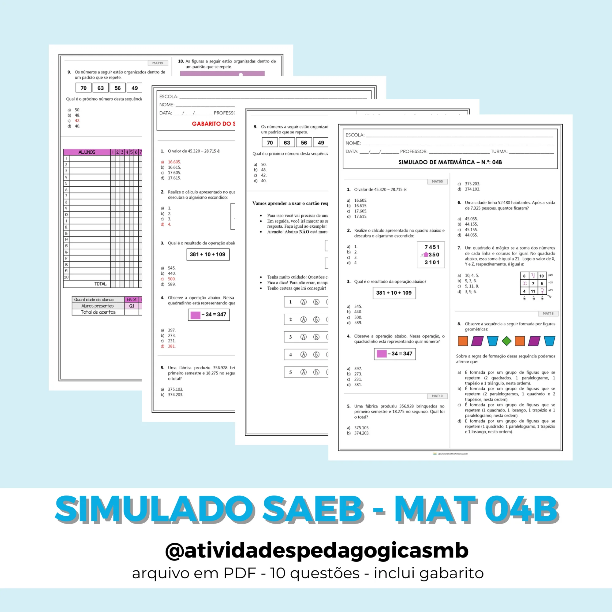 Simulado SAEB de Matemática 5º Ano - 4B (PDF) — Matemática para 5º ano: Simulado de Matemática para o 5º ano com 10…
