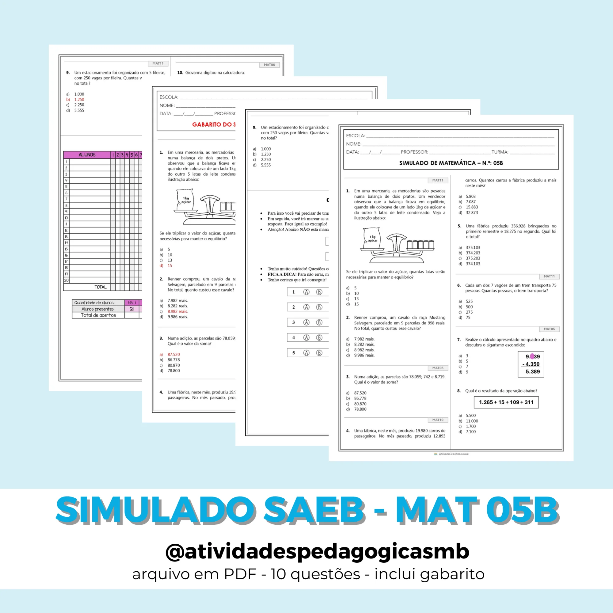 Simulado SAEB de Matemática 5º Ano - 5B (PDF) — capa do material