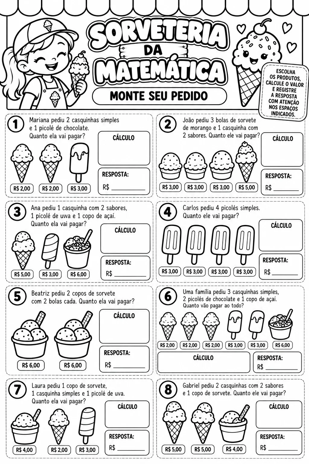 Sorveteria da Matemática – Atividades de Matemática para Imprimir — amostra 5: 🍦 Sorveteria da Matemática: atividades de…