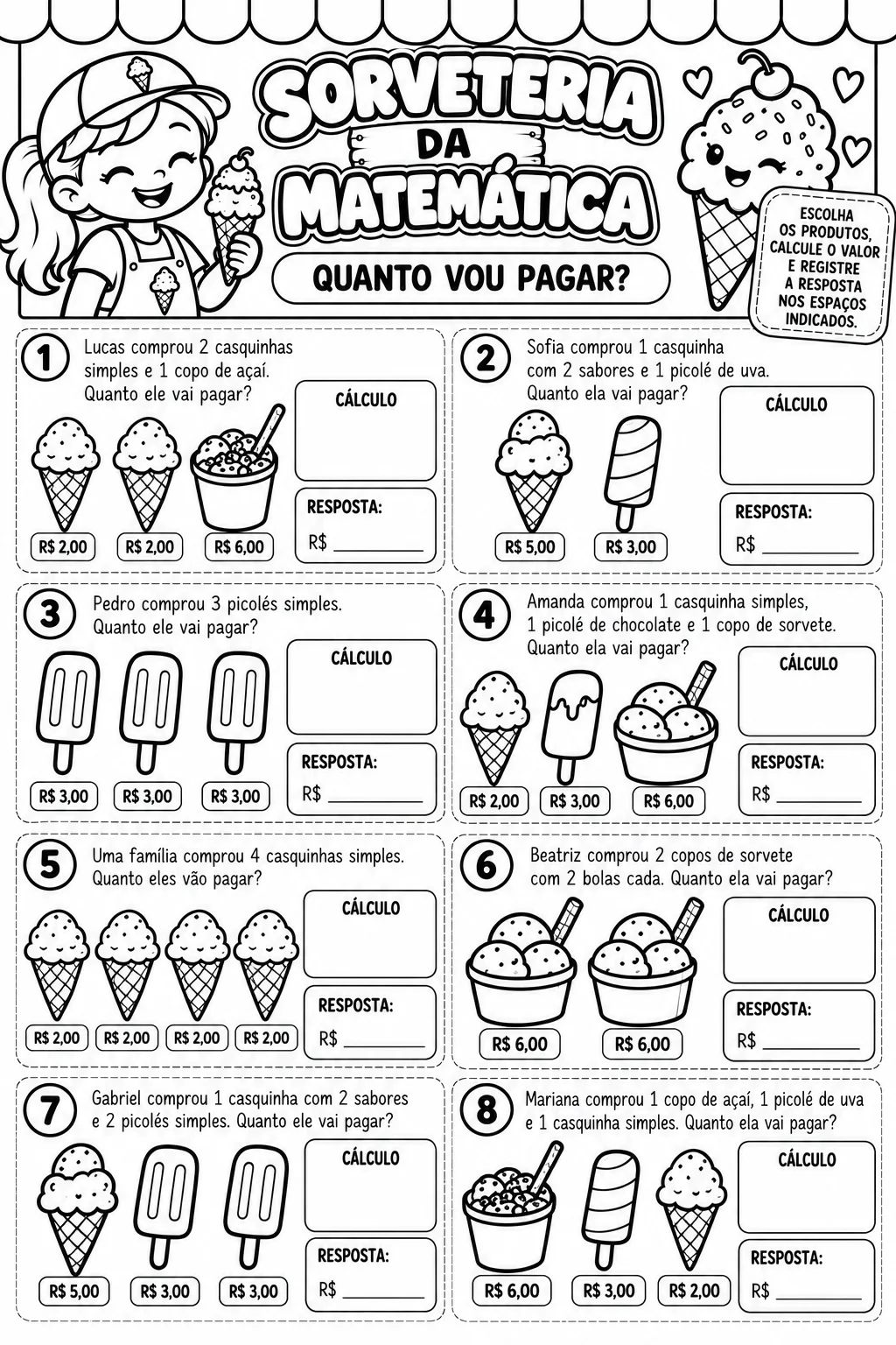 Sorveteria da Matemática – Atividades de Matemática para Imprimir — amostra 7: 🍦 Sorveteria da Matemática: atividades de…
