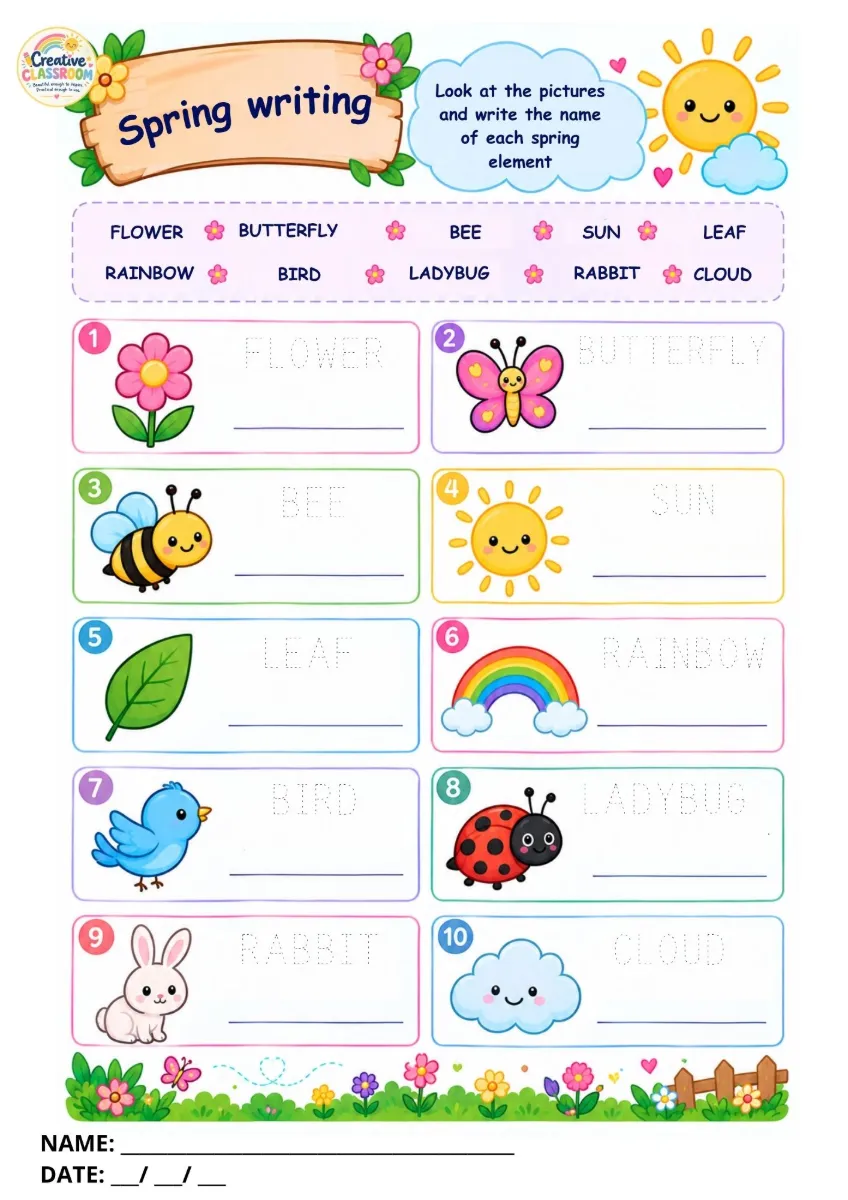 Spring Activity Book – Educação Infantil Primavera — amostra 4: Livro de atividades de primavera em inglês com pintura,…