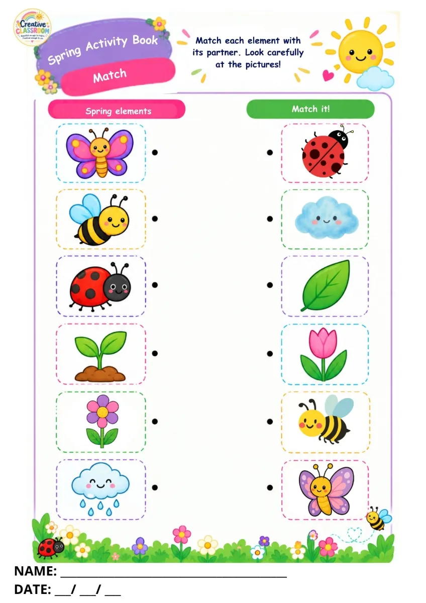 Spring Activity Book – Educação Infantil Primavera — amostra 7: Livro de atividades de primavera em inglês com pintura,…